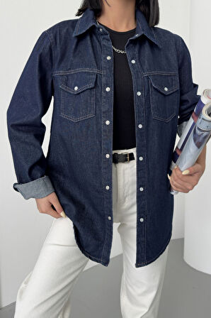 Klasik Yakalı Uzun Kollu Çıtçıt Kapama Detaylı Kadın Kot Gömlek Denim Dört Mevsim Slaplı Lacivert
