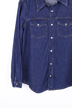 Klasik Yakalı Uzun Kollu Çıtçıt Kapama Detaylı Kadın Kot Gömlek Koyu Rins  Denim Dört Mevsim