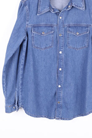 Klasik Yakalı Uzun Kollu Çıtçıt Kapama Detaylı Kadın Kot Gömlek Orta Mavi Denim Dört Mevsim