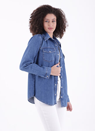 Klasik Yakalı Uzun Kollu Çıtçıt Kapama Detaylı Kadın Kot Gömlek Orta Mavi Denim Dört Mevsim