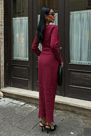 Eteği ve Kolları İnci Detaylı Uzun Kollu Standart Beden Cepsiz Üçlü Kadın Takım ( 3 Parça ) BORDO