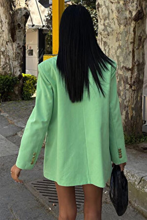 Uzun Kollu ve Düğme Kapamalı Kruvaze Yakalı Oversize Blazer Kadın Keten Ceket Mint Yeşili