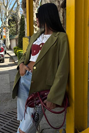 Uzun Kollu ve Düğme Kapamalı Kruvaze Yakalı Oversize Blazer Kadın Keten Ceket Haki