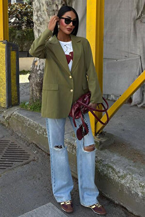 Uzun Kollu ve Düğme Kapamalı Kruvaze Yakalı Oversize Blazer Kadın Keten Ceket Haki