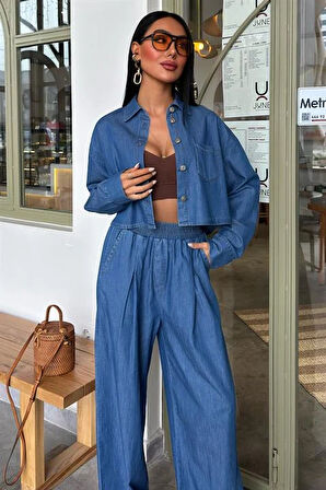 Gömlek Yakalı Uzun Kollu Kadın Kot Gömlek ve Plazzo Pantolon Takım (2 Parça) Orta Mavi Denim