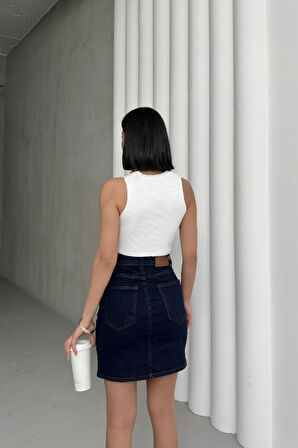 Dar Kalıplı Normal Belli Cepli ve Astarsız Kısa Boy Kadın Kot Etek Mini Slaplı Lacivert Denim