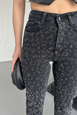 Leopar Taşlı ve Yüksek Belli Dikişsiz Paçalı Bilek Boy Mom Fit Kadın Kot Pantolon Düz Antrasit Jean