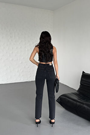 Leopar Taşlı ve Yüksek Belli Dikişsiz Paçalı Bilek Boy Mom Fit Kadın Kot Pantolon Düz Antrasit Jean