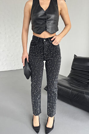 Leopar Taşlı ve Yüksek Belli Dikişsiz Paçalı Bilek Boy Mom Fit Kadın Kot Pantolon Düz Antrasit Jean