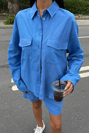 Gömlek Yakalı ve Uzun Kollu Desensiz Flamlı Keten Kadın Gömlek ve Şort Takımı (2 Parça ) MAVİ