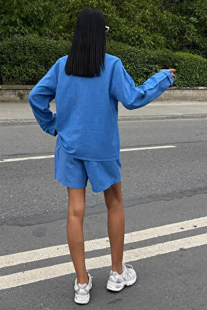 Gömlek Yakalı ve Uzun Kollu Desensiz Flamlı Keten Kadın Gömlek ve Şort Takımı (2 Parça ) MAVİ