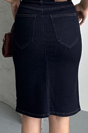 Dar Kalıplı Orta Boy Normal Belli Kadın Kot Etek Slaplı Lacivert Denim