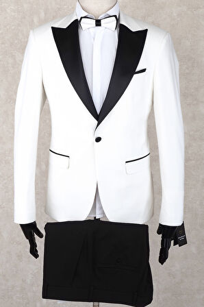 Jan Carlucci Slim Fit Saten Sivri Yaka-Çift Yırtmaç Beyaz Drop 6 Damatlık Smokin - Full Set Yelek, Gömlek, Papyon 
