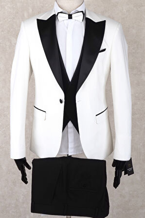 Jan Carlucci Slim Fit Saten Sivri Yaka-Çift Yırtmaç Beyaz Drop 6 Damatlık Smokin - Full Set Yelek, Gömlek, Papyon 