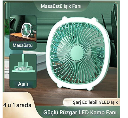 QASUL USB Şarj Edilebilir Taşınabilir Işıklı Fan, Üç Rüzgar Kalkanı ile Asılabilir ve Bükülebilir Tasarım