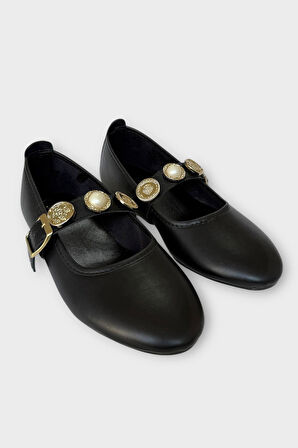 Kadın İnci ve Mühür Aksesuar Bantlı Babet SİYAH