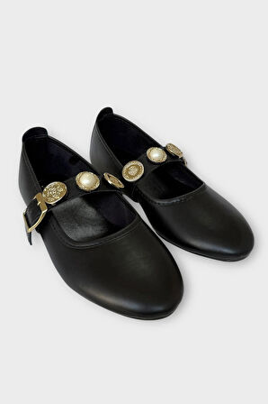 Kadın İnci ve Mühür Aksesuar Bantlı Babet SİYAH