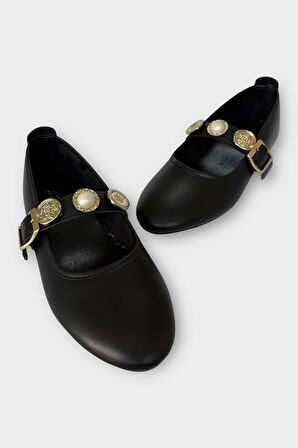 Kadın İnci ve Mühür Aksesuar Bantlı Babet SİYAH