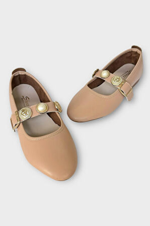 Kadın İnci ve Mühür Aksesuar Bantlı Babet BEJ