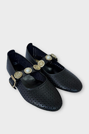 Kadın İnci ve Mühür Aksesuar Bantlı Babet SİYAH - ALTIN