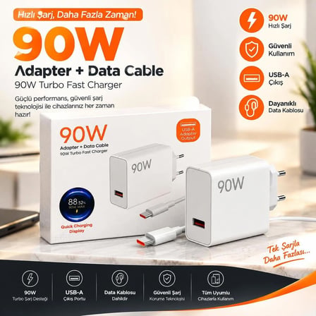 90W TURBO SANİYELİ USB TO TYPC-E ŞARJ ALETİ
