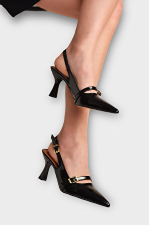 Kadın Tek Bant Tokalı Sivri Burun Arkası Açık Topuklu Ayakkabı SİYAH