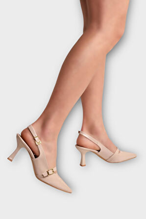 Kadın Tek Bant Tokalı Sivri Burun Arkası Açık Topuklu Ayakkabı BEJ