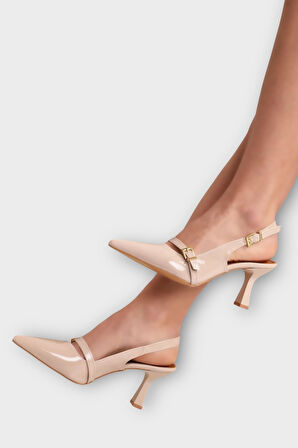 Kadın Tek Bant Tokalı Sivri Burun Arkası Açık Topuklu Ayakkabı BEJ