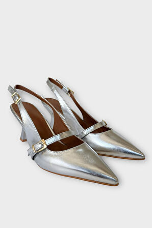 Kadın Tek Bant Tokalı Sivri Burun Arkası Açık Topuklu Ayakkabı GÜMÜŞ