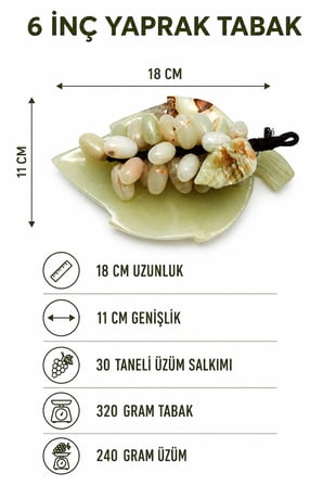 Doğal Oniks Taş Yaprak Tabak & 30 Taneli Üzüm Salkımı – Feng Shui Dekor Objesi
