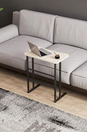 Reyo Metal Ayaklı Laptop Sehpası Koltuk Sehpası Kahvaltı Masası Çalışma Sehpası Krem Mermer