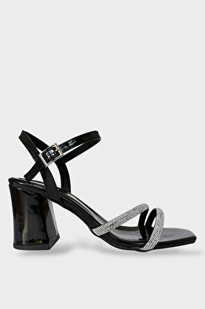 Kadın Çift Bantlı Taş Detay Topuklu  Ayakkabı SİYAH