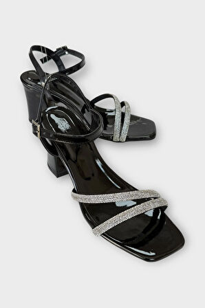 Kadın Çift Bantlı Taş Detay Topuklu  Ayakkabı SİYAH