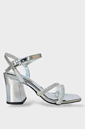 Kadın Çift Bantlı Taş Detay Topuklu  Ayakkabı GÜMÜŞ