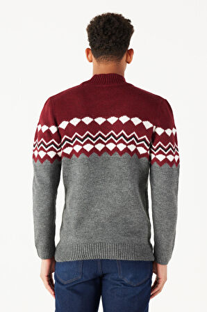 Erkek Bordo Antrasıt Standart Fit Normal Kesim Yarım Balıkçı Yaka Jakarlı Yumuşak Dokulu Triko Kazak