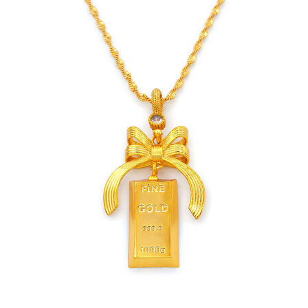 Altın Kaplama Kurdeleli Külçe Altın Kolye Ucu TGR-726