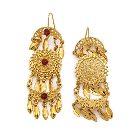 Altın Kaplama Çelik Hint Model Kırmızı Taşlı Küpe UNK-825