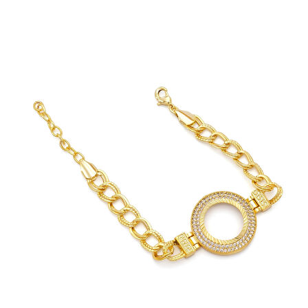 Altın Kaplama İmitasyon 2 Sıra Zirkon Taşlı Desenli Figaro Model Çeyrek Çerçeve Bileklik BLK-1159