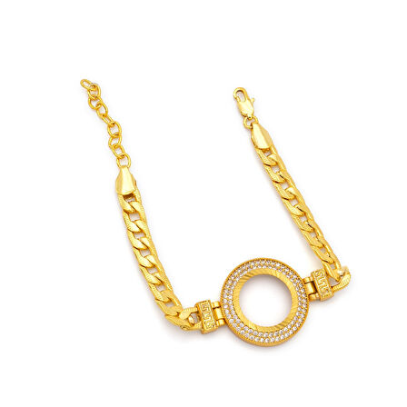 Altın Kaplama İmitasyon 2 Sıra Zirkon Taşlı Desenli Figaro Çeyrek Çerçeve Bileklik BLK-1169