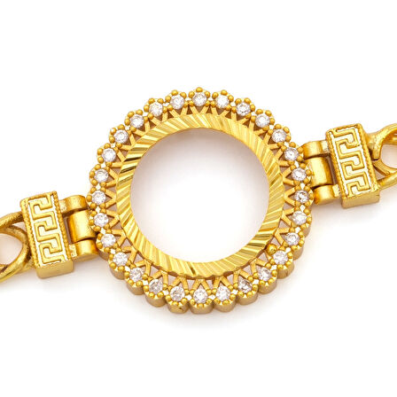 Altın Kaplama İmitasyon Zirkon Taşlı İşlemeli Zincir Çeyrek Çerçeve Bileklik BLK-1170