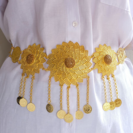 Altın Kaplama İmitasyon Çiçek Desenli Urfa Akıtma Kemer KMR-121