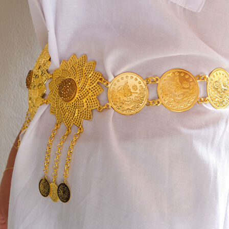 Altın Kaplama İmitasyon Çiçek Desenli Urfa Akıtma Kemer KMR-121