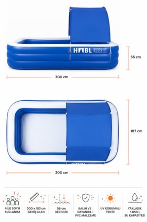 HABL 3 Boğumlu Tenteli Şişme Havuz XXL 300x183x56 cm 1850 L Güneş Korumalı Aile Havuzu