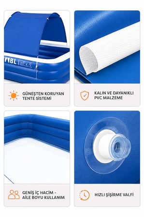 HABL 3 Boğumlu Tenteli Şişme Havuz XXL 300x183x56 cm 1850 L Güneş Korumalı Aile Havuzu