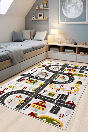 Oyun Şehri Çocuk Oyun Halısı | 3 Boyutlu Araba Yolu Desenli, Tozumaz, Kolay Temizlik, Jüt Tabanlı