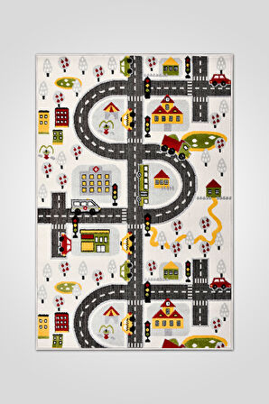 Oyun Şehri Çocuk Oyun Halısı | 3 Boyutlu Araba Yolu Desenli, Tozumaz, Kolay Temizlik, Jüt Tabanlı