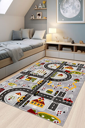 Oyun Şehri Çocuk Oyun Halısı | 3 Boyutlu Araba Yolu Desenli, Tozumaz, Kolay Temizlik, Jüt Tabanlı