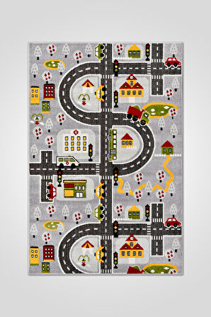 Oyun Şehri Çocuk Oyun Halısı | 3 Boyutlu Araba Yolu Desenli, Tozumaz, Kolay Temizlik, Jüt Tabanlı