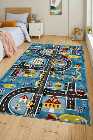 Oyun Şehri Çocuk Oyun Halısı | 3 Boyutlu Araba Yolu Desenli, Tozumaz, Kolay Temizlik, Jüt Tabanlı