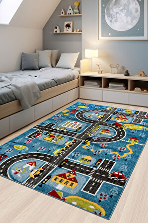 Oyun Şehri Çocuk Oyun Halısı | 3 Boyutlu Araba Yolu Desenli, Tozumaz, Kolay Temizlik, Jüt Tabanlı